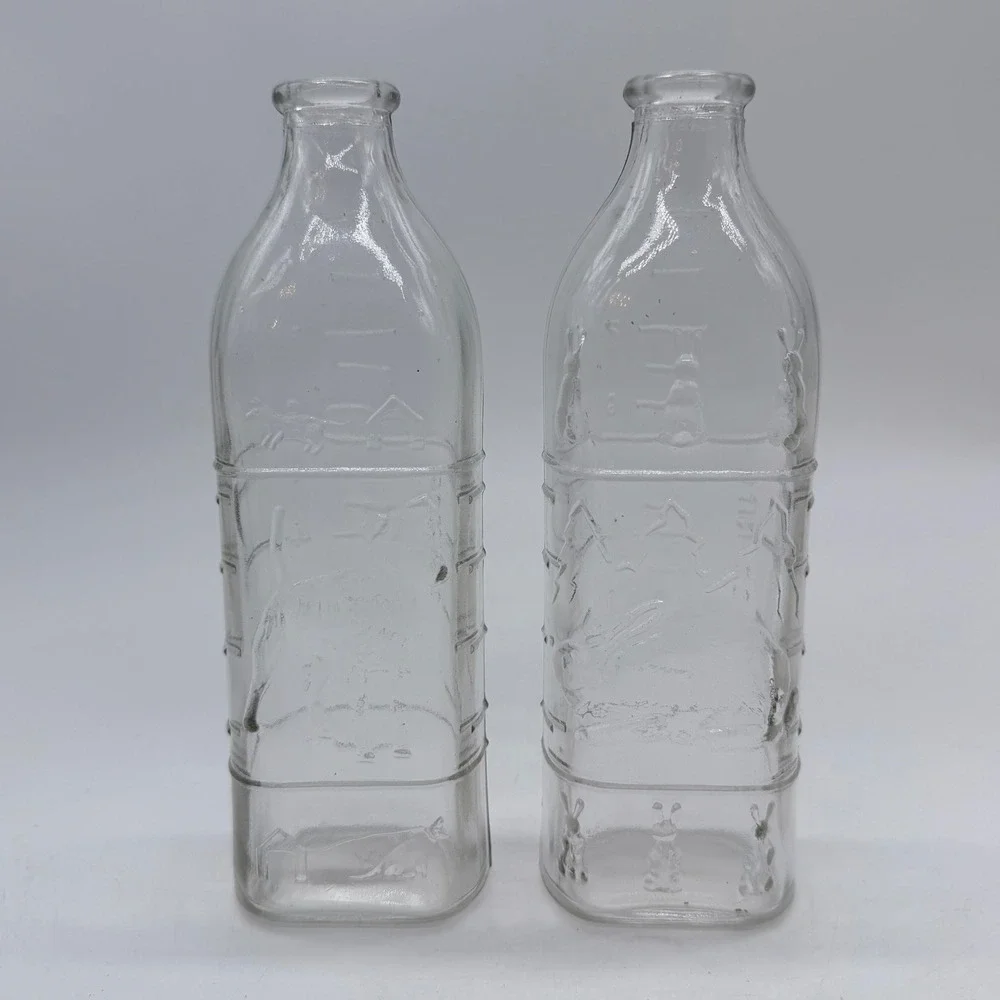 Vintage Embossed Glass‎ Milk Bottle Dog and Rabbit Scene Set of 2